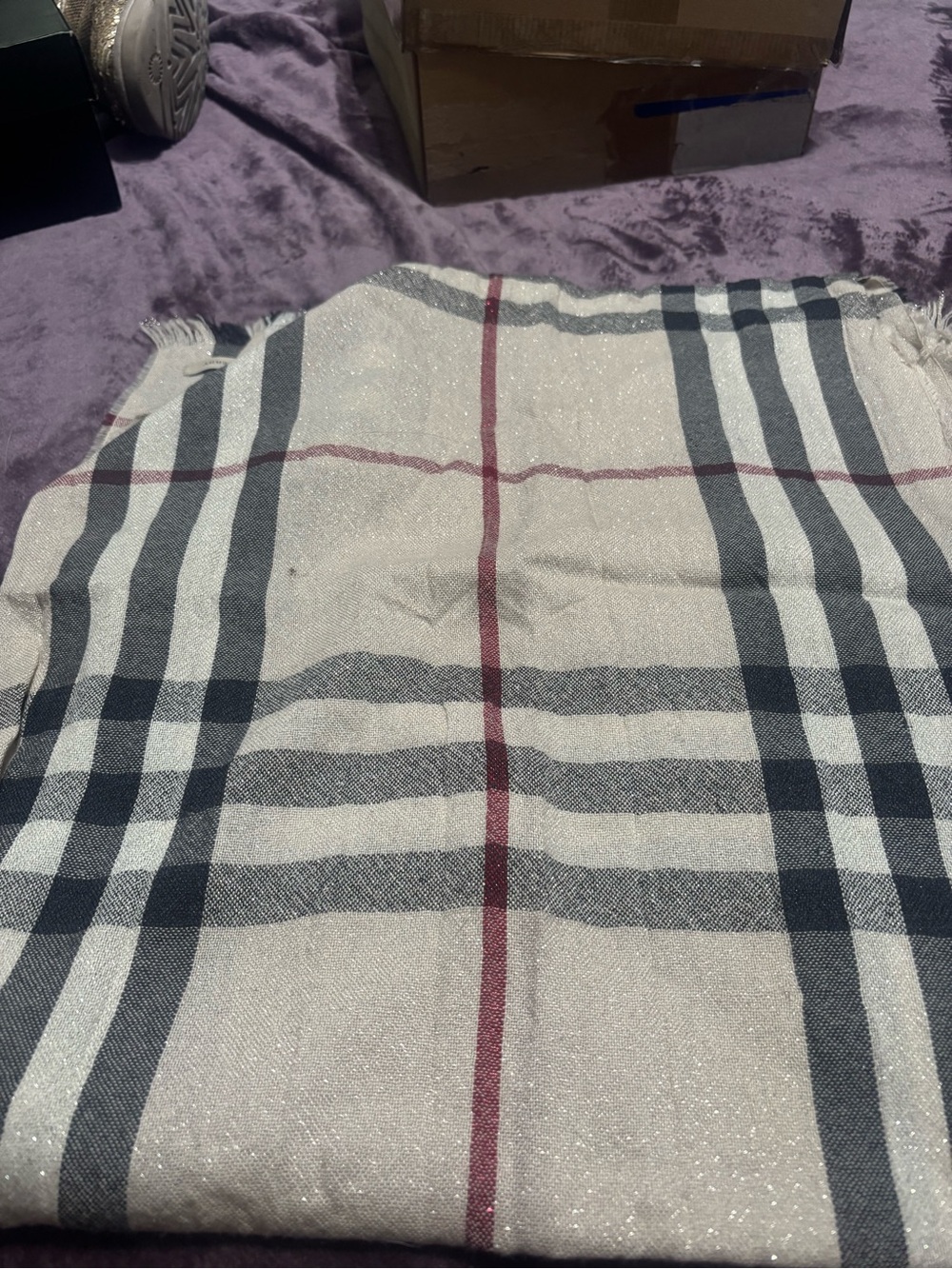 Burberry Checked scarf/ Wrap in Cream, Black and Red Accent